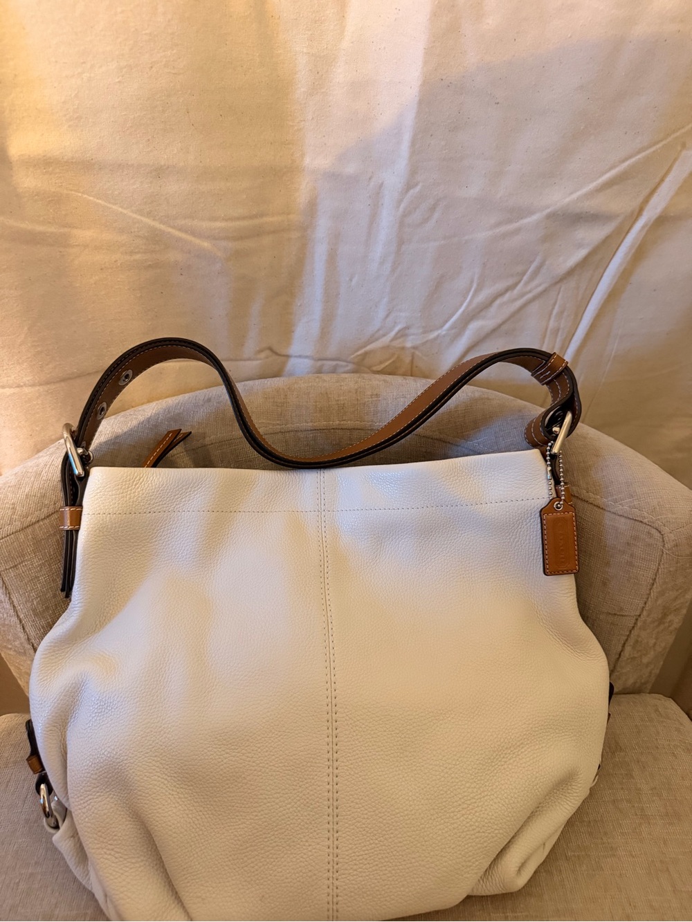 Coach White Pebbled Leather Shoulder Bag with Brown Trim